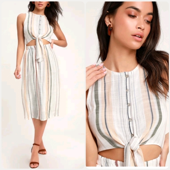 RVCA Dresses & Skirts - RVCA White Multi Striped Tie-Front Midi Dress